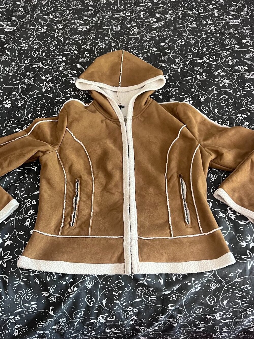 Faux Suede Zip up Sherpa Jacket with Hood
